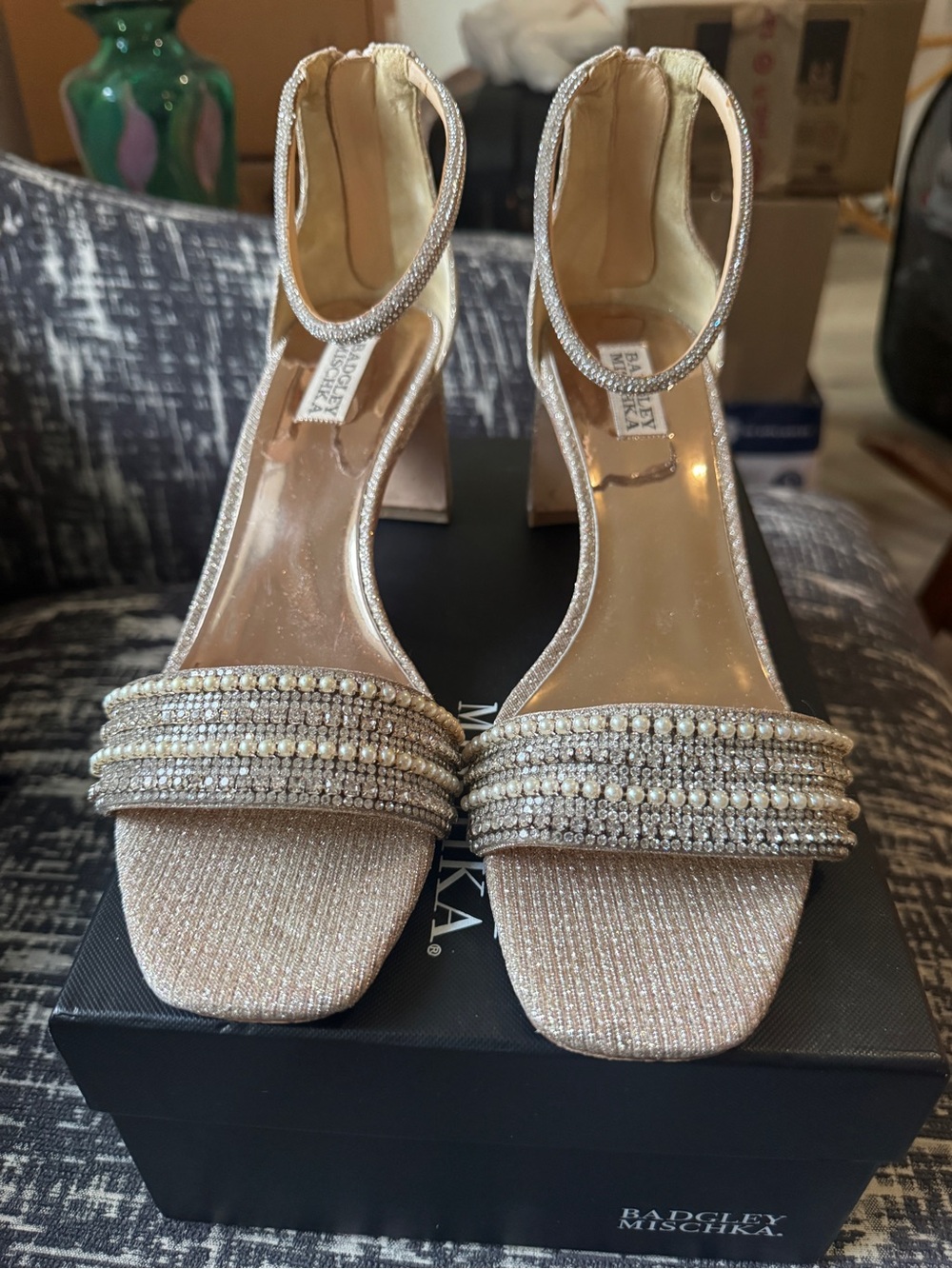 Badgley Mischka Crystal-Embellished Ankle-Strap Heels in Champagne Gold